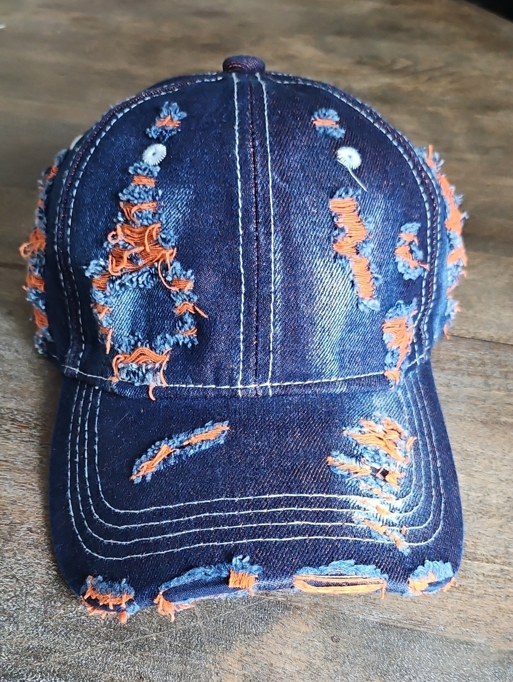 NWT Denim Distressed Baseball Cap With Orange Accents